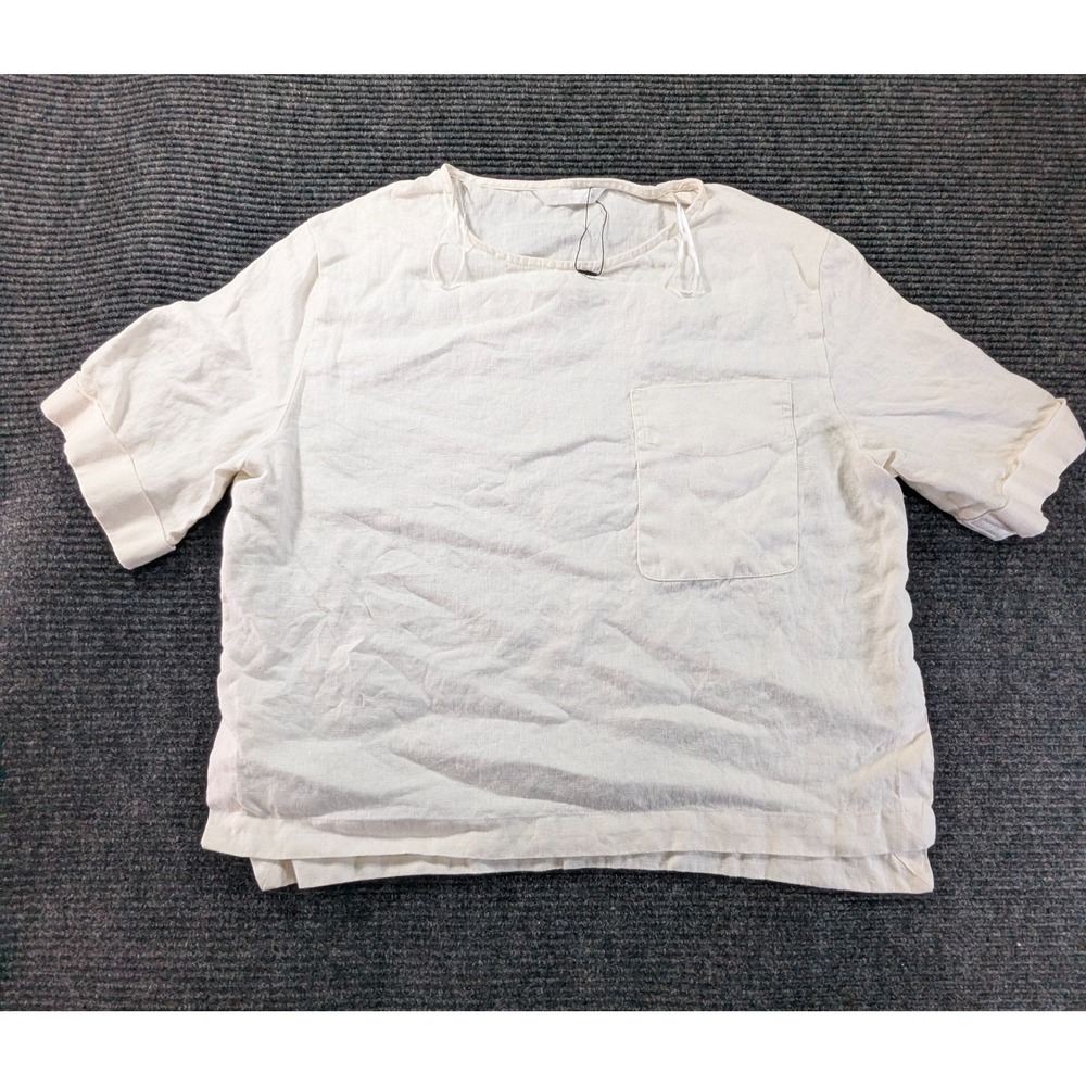 Zara Blouse Top Womens Small Cream Linen Chest Pocket Split Hem Cuffed Sleeve
